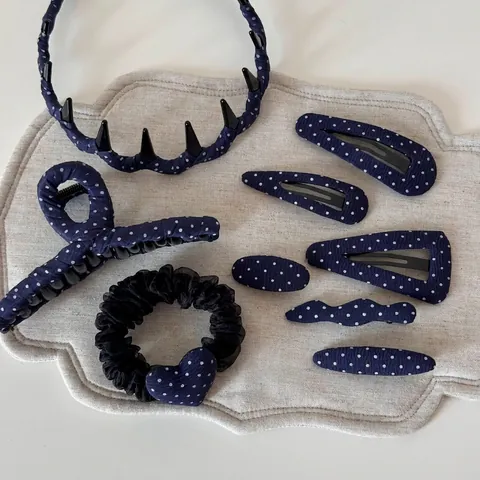 Navy Blue Polka Dot Fabric Hair Accessories Set Retro Sweet Heart Scrunchie Headband Triangle Waterdrop BB Clips For Women