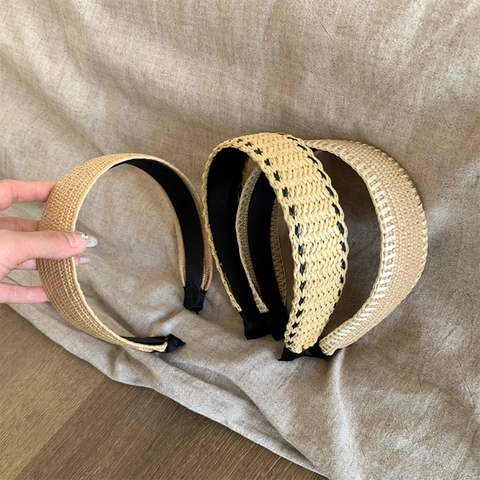 Women Bohemian Straw Braided Wide Headband Summer Beach Vacation High Top Woven Hair Band Fashion Hair Accessories Headwear