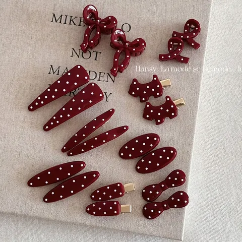 Vintage Bordeaux Rouge à Pois Pince à Cheveux Résine Acétate Pince à Bec Doux Noeud Papillon Forme Chien Accessoires Femme