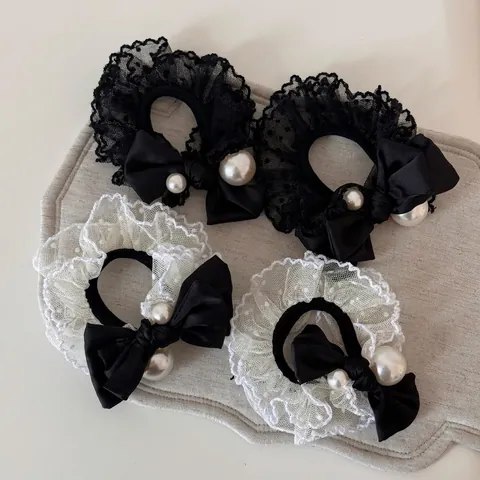 Scrunchies con Lazo de Encaje Estilo Coreano para Mujer Elegantes Accesorios para el Cabello con Perlas Artificiales