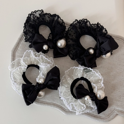 Scrunchies con Lazo de Encaje Estilo Coreano para Mujer Elegantes Accesorios para el Cabello con Perlas Artificiales