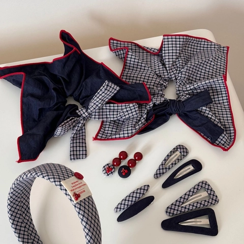 Vintage Plaid Navy Blue Hair Clip For Women Fabric Bow Headband Cherry Pattern Hairpin Cute College Hair Accessories