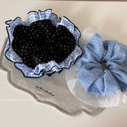 Scrunchie in Stile Coreano con Pois e Quadri in Pizzo Chiffon Satin Grande Elastico per Capelli Dolce Tessuto Increspato per Donna