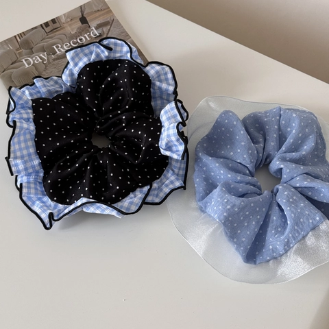 Scrunchie in Stile Coreano con Pois e Quadri in Pizzo Chiffon Satin Grande Elastico per Capelli Dolce Tessuto Increspato per Donna