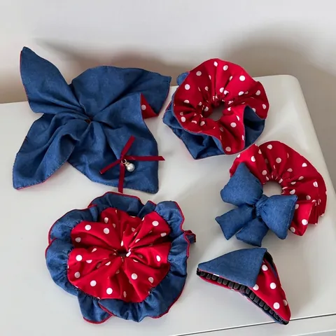 Vintage Denim Red Polka Dot Patchwork Large Scrunchie With Bow Knot Artificial Pearl Decor Hair Band For Women Hair Accessories