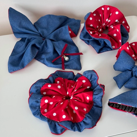 Vintage Denim Red Polka Dot Patchwork Large Scrunchie With Bow Knot Artificial Pearl Decor Hair Band For Women Hair Accessories