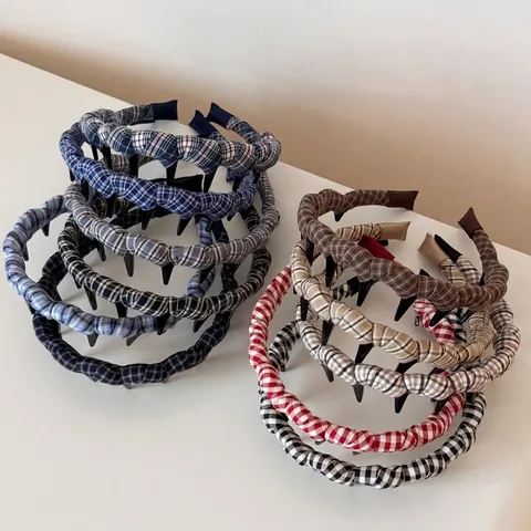 Cerchietto Semplice Coreano Avvolto in Tessuto Scozzese Con Denti Antiscivolo Cerchio per Capelli a Onda per Donna Accessori Capelli Moda