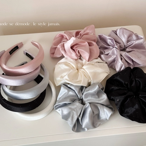 Elegant Padded Headband And Large Satin Scrunchie With Shimmer Shimmering Solid Color Korean Style Hair Accessories For Women
