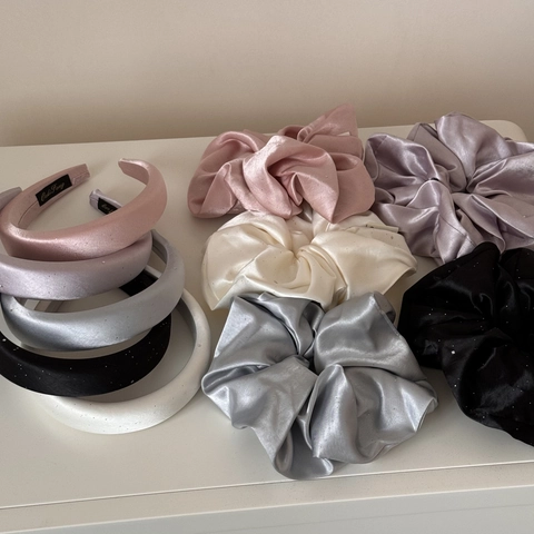 Elegant Padded Headband And Large Satin Scrunchie With Shimmer Shimmering Solid Color Korean Style Hair Accessories For Women