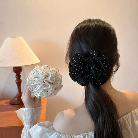 Pinza per Capelli Francese Elegante con Fiore in Tessuto Increspato a Pois per Donna Accessorio per Capelli in Chiffon