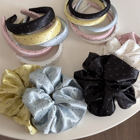 Diadema Acolchada de Satén con Lunares y Coletero para Mujer Retro High Cranial Top Cintas para el Pelo Elegantes Accesorios para el Cabello Lavado de Cara Diario