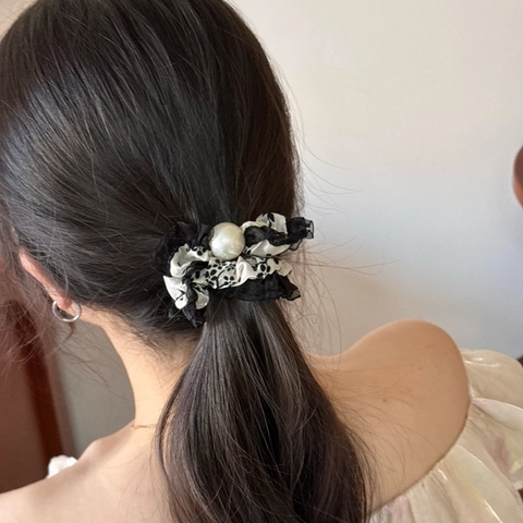 Elastico per Capelli Chouchou in Chiffon Floreale Vintage Francese Con Bordo in Pizzo e Perla Artificial Sintetica Accessori per Capelli