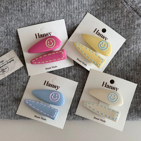 Colorful Dopamine Style Geometric Hair Clips Mixed Materials Sweet Smiley Face Cute Bangs Clips Enamel Hair Accessories