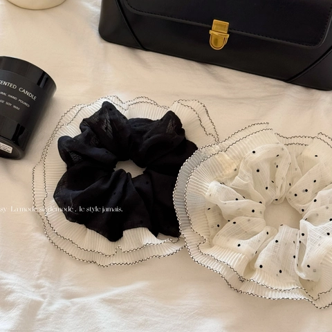 Women Large Double Layered Pleated Hair Scrunchie Chiffon Polka Dot Elastic Hair Tie French Elegant Oversized Hair Band