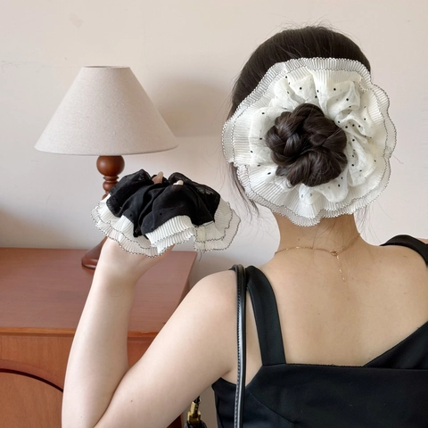 Women Large Double Layered Pleated Hair Scrunchie Chiffon Polka Dot Elastic Hair Tie French Elegant Oversized Hair Band
