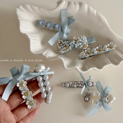 Elegant Blue Bow Hair Clip Set For Women Satin Ribbon Artificial Pearl Rhinestone Hairpin Korean Style Fashion Headwear
