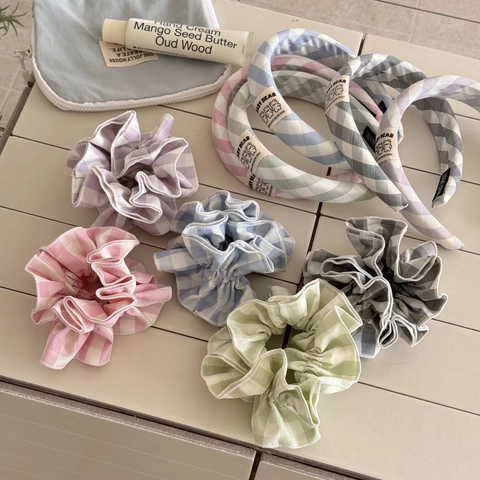 Cerchietto Largo e Scrunchie in Tessuto a Quadretti Vichy Coreano con Orsetto Accessori per Capelli Fatti a Mano per Donna
