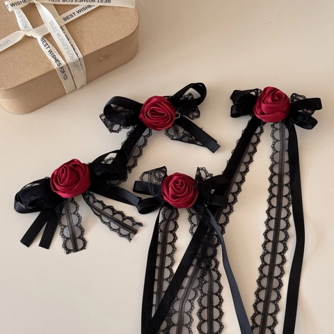 Gothic Rote Rose Haarklammer Mit Schwarzer Spitze Band Lange Quaste Handgefertigte Satin Blume Schleife Lolita Haarschmuck Damen