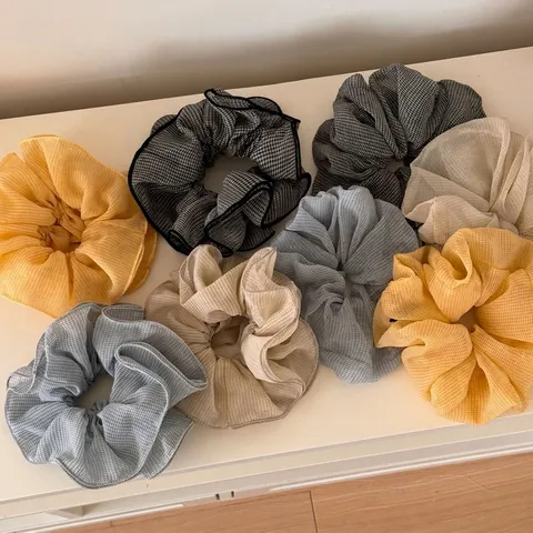 Large Gingham Checkered Chiffon Hair Scrunchies Vintage Pleated Elastic Hair Ties Ponytail Holders Women Hair Accessories