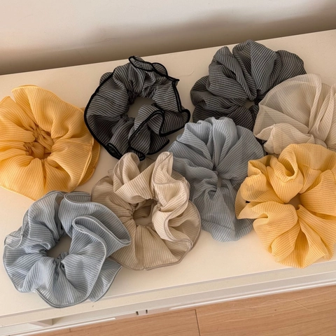 Large Gingham Checkered Chiffon Hair Scrunchies Vintage Pleated Elastic Hair Ties Ponytail Holders Women Hair Accessories