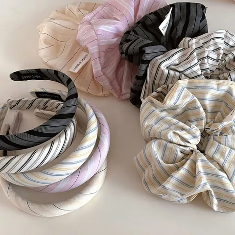 Striped Fabric Wrapped Headband Elegant Korean Style Cloth Hair Band Handmade Vintage Scrunchie Soft Hair Tie For Women Girls Decorative Headwear