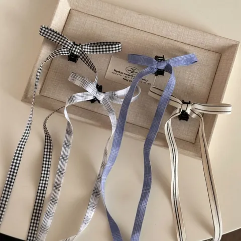 Franse Vintage Strik Haarclip Met Lang Lint Stof Kleine Haarklem Geruit Gestreept Haaraccessoires Voor Dames