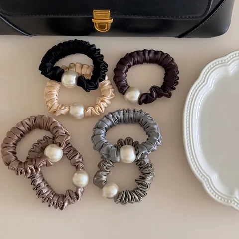 Coletero de Satén Elegante Con Perla Artificial Grande Color Sólido Plisado Alta Elasticidad Goma de Pelo Para Mujer