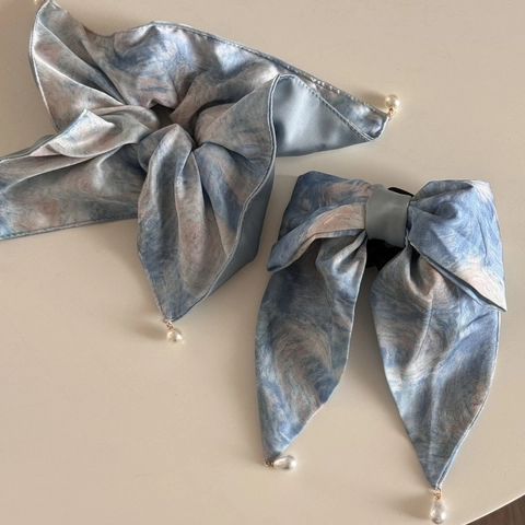 Eleganti Accessori per Capelli Francesi con Fiocco in Raso a Olio di Monet Molla Elastico con Pendente di Perla Artificial per Donna