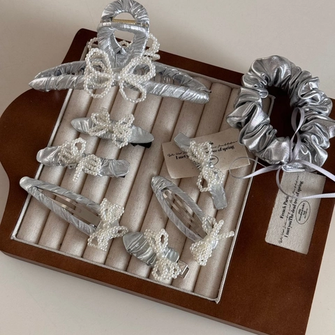 Fermaglio per Capelli Francese Vintage in Tessuto Increspato Argento Elegante Fiocco di Perle Artificiali Gioielli per Donna