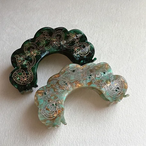 Vintage Acetate Marble Hair Claw Clip Chinese Style Petal Wave Shape Rhinestone Elegant Hair Accessories For Women Jewelry