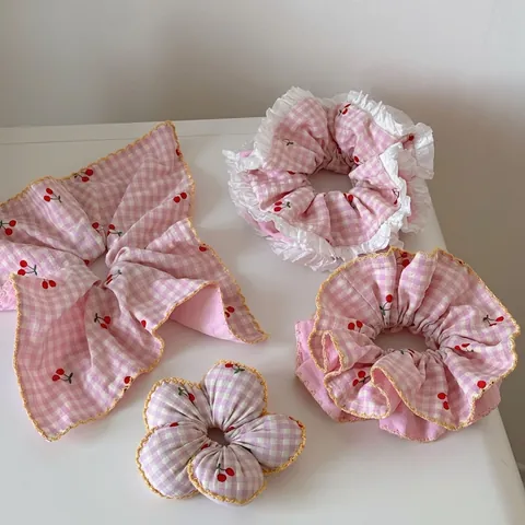 Fresh Sweet Pink Grid Cherry Print Cloth Hair Scrunchies For Women Handmade Large Elastic Hair Ties Cute Hair Accessories