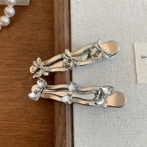 Koreaanse Stijl Zilveren Legering Strass Strik Golf Haarclip Zoet Zijclip Eendenbekclip Voor Vrouwen Mode Haaraccessoires