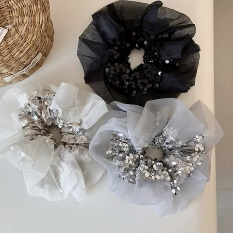 Large Sequin Organza Scrunchies Pleated Mesh Lace Hair Ties Shiny Elastic Hair Bands For Women Daily Party Hair Accessories