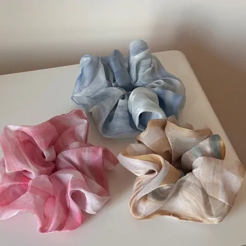 Coletero Grande Tela de Organza Estampado de Tinta Degradada Banda Elástica Plisada para Cabello Mujer Estilo Dulce Diario
