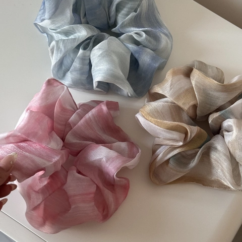 Coletero Grande Tela de Organza Estampado de Tinta Degradada Banda Elástica Plisada para Cabello Mujer Estilo Dulce Diario