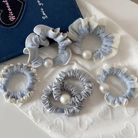 Elastico per Capelli Stile Coreano Blu Latte Elegante in Tessuto Con Perle Artificiali Design con Volant in Pizzo Donna Accessori