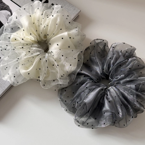 French Style Elegant Polka Dot Organza Scrunchies Double Layer Fabric Hair Ties Oversized Hair Rope Headwear For Women Daily