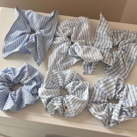 Φρέσκο Scrunchie από Ύφασμα με Ρίγες και Καρό Κεντημένο Φιόγκο Μεγάλο Λαστιχάκι Μαλλιών με Πλισέ για Γυναίκες Αξεσουάρ Μαλλιών Mori Style