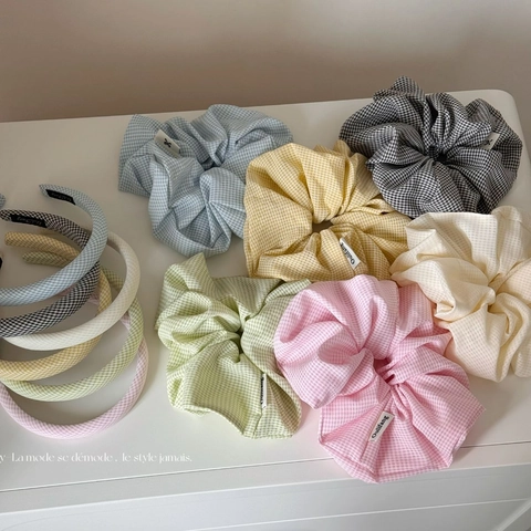 Diadema Y Coletero De Tela Con Cuadros Gingham Dulce Para Mujer Accesorios Para El Cabello De Rejilla De Color Sólido