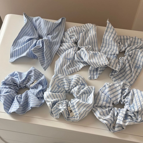 Verse Blauwe Gestreepte Geruite Geborduurde Strik Scrunchie Grote Stof Haarelastiek Geplooide Haarband Voor Vrouwen Mori Stijl Haaraccessoires