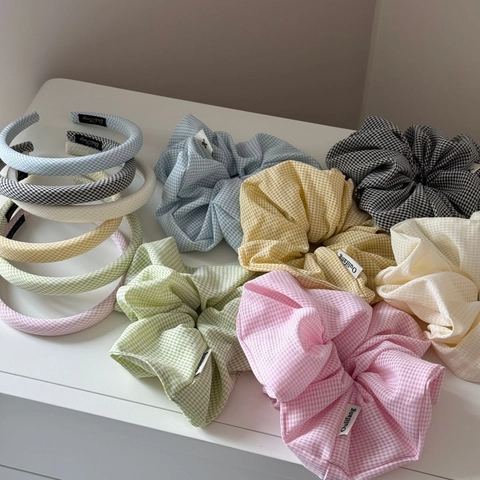 Diadema Y Coletero De Tela Con Cuadros Gingham Dulce Para Mujer Accesorios Para El Cabello De Rejilla De Color Sólido
