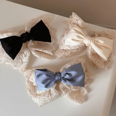 Elegant French Vintage Satin Lace Bow Hair Claw For Women Large Sweet Bowknot Hair Clip Retro Headwear Hair Accessories