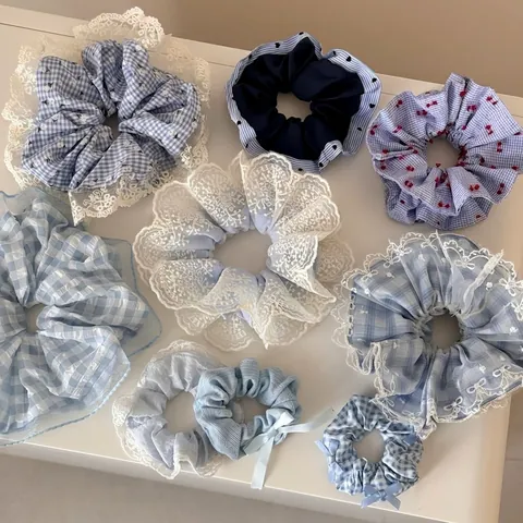 Fresh Blue Plaid Stripes Lace Hair Scrunchies Set Large Fabric Elastic Hair Ties Sweet Floral Ponytail Holder For Women Girls Hair Accessories