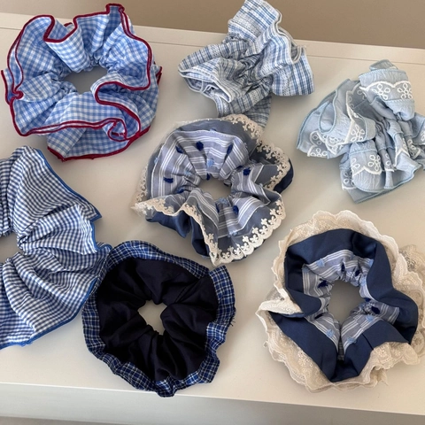 Fresh Blue Plaid Stripes Lace Hair Scrunchies Set Large Fabric Elastic Hair Ties Sweet Floral Ponytail Holder For Women Girls Hair Accessories