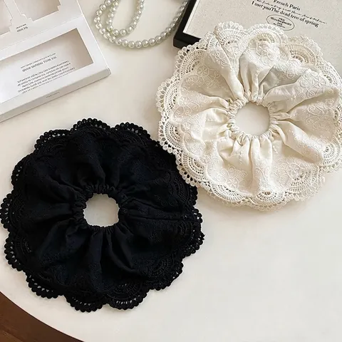 Bohemian Lace Scrunchie Oversized Hollow Out Floral Fabric Hair Tie For Women Vintage French Style Hair Accessories