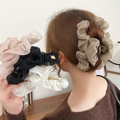 Francese Dolce Organza Rete Pinza Per Capelli Grande Pieghettata Shark Clip Con Pendaglio Cuore Oro Elegante Stoffa Accessori Capelli Donna Quotidiano Festa Incontri