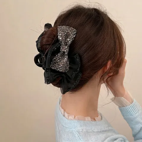 Elegant Mesh Bow Hair Claw Clip With Rhinestones Large Black Sequin Hairpin French Style Hair Accessories For Women