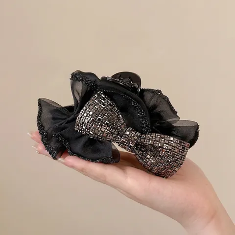 Elegant Mesh Bow Hair Claw Clip With Rhinestones Large Black Sequin Hairpin French Style Hair Accessories For Women
