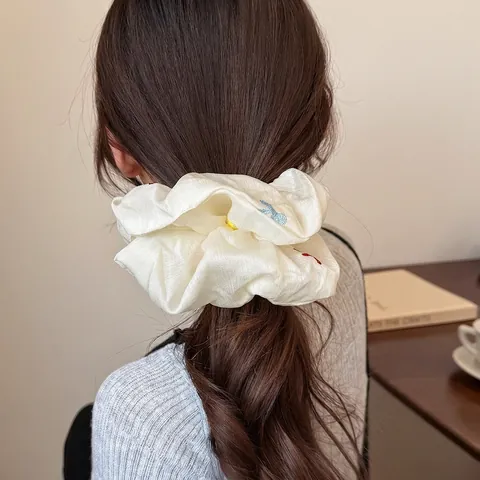 Elegant Off-White Mesh Scrunchie With Colorful Bow Embroidery Handmade Pleated Hair Tie Ponytail Holder For Women