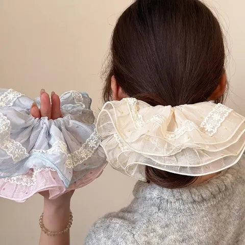 Scrunchie in Organza e Pizzo in Stile Coreano Elastico per Capelli Plissettato a Pois Elegante Porta Coda di Cavallo per Donna Ragazza